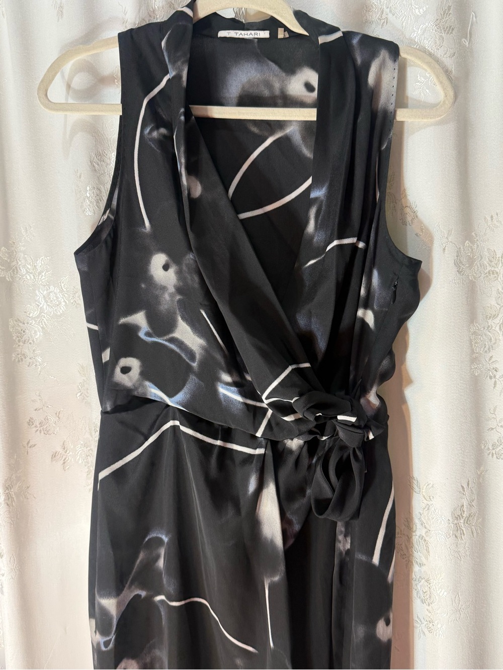 Tahari Black & White Sleeveless Wrap Midi Dress with Side Knot